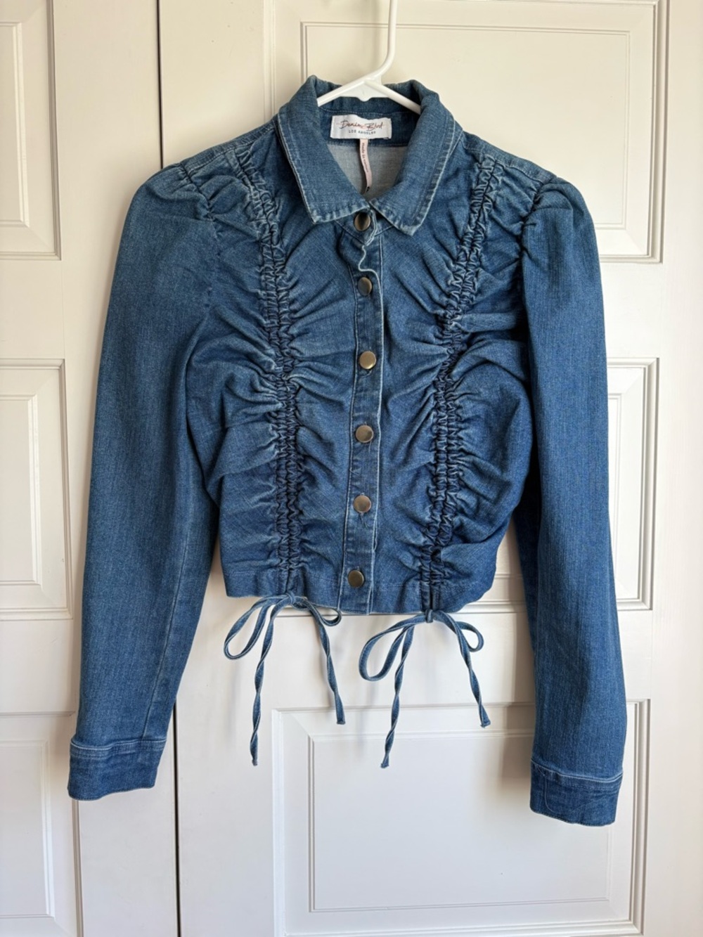 Ruched Denim Button-Front Jacket - Blue